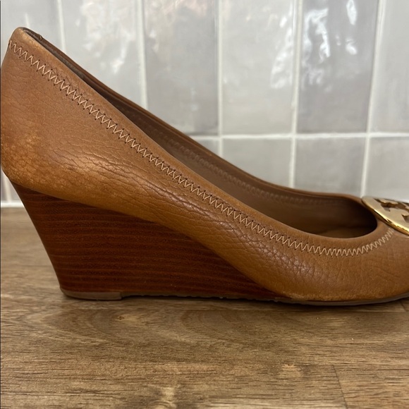 Tory Burch Brown Peep-Toe Wedges - Picture 6 of 7